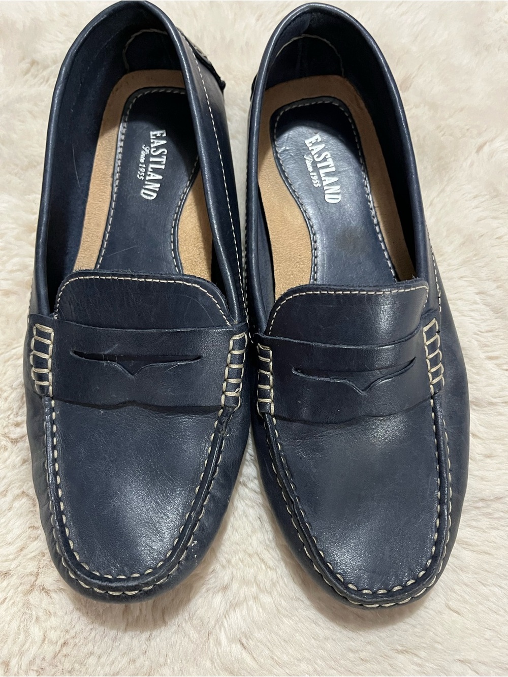 Eastland Black Leather Penny Loafers with White Stitching